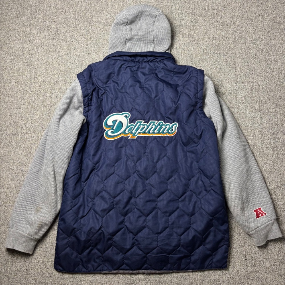 Miami Dolphins Quilted Hooded Jacket NFL Pro Line Mens L Navy Blue Waffle Sleeve